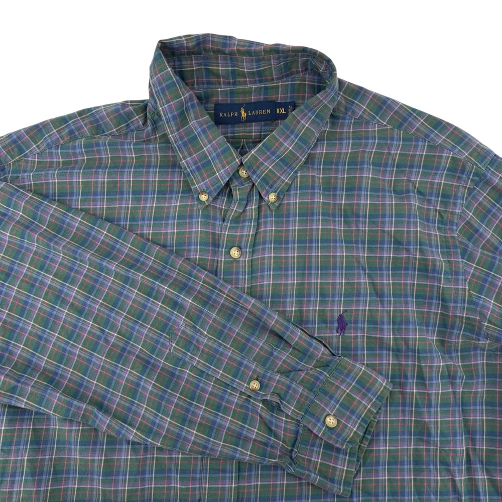 Ralph Lauren Mens XXL Plaid Button Down Shirt Long Sleeve Casual Purple Pony‎